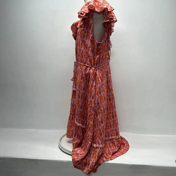 Figue Tahlia Midi Dress Cotton Ruffle Tie Waist Lace Up Back Pink Red Size XL - Picture 9 of 12